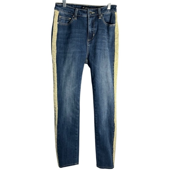 BEBE Gold Glitter Tuxedo Striped Skinny Jeans Sz 26 - Picture 3 of 12
